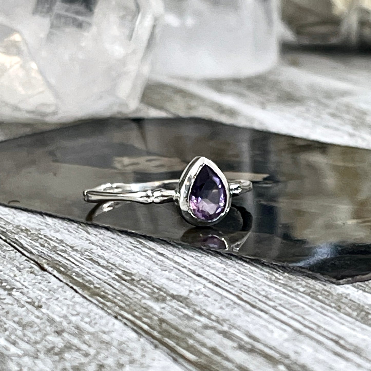 Amethyst Teardrop Ring Set in Sterling Silver, Dainty Purple Amethyst Ring Size 7 8 9 10 / Curated by FOXLARK Collection