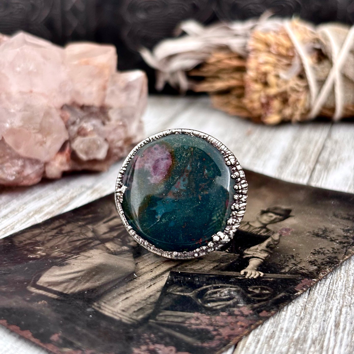 Green Bloodstone Crystal Statement Ring Silver Size 8 / Foxlark Collection