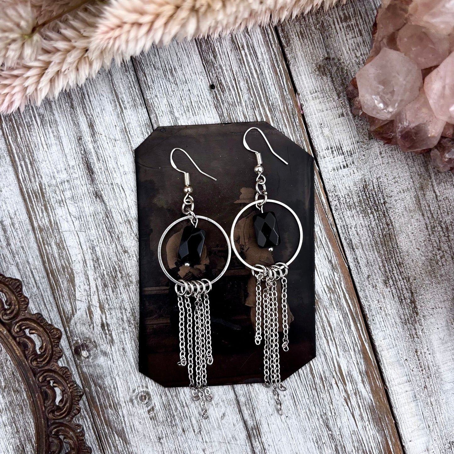 Black Onyx Hoop Fringe Earrings / Long Dangle Witchy Earrings