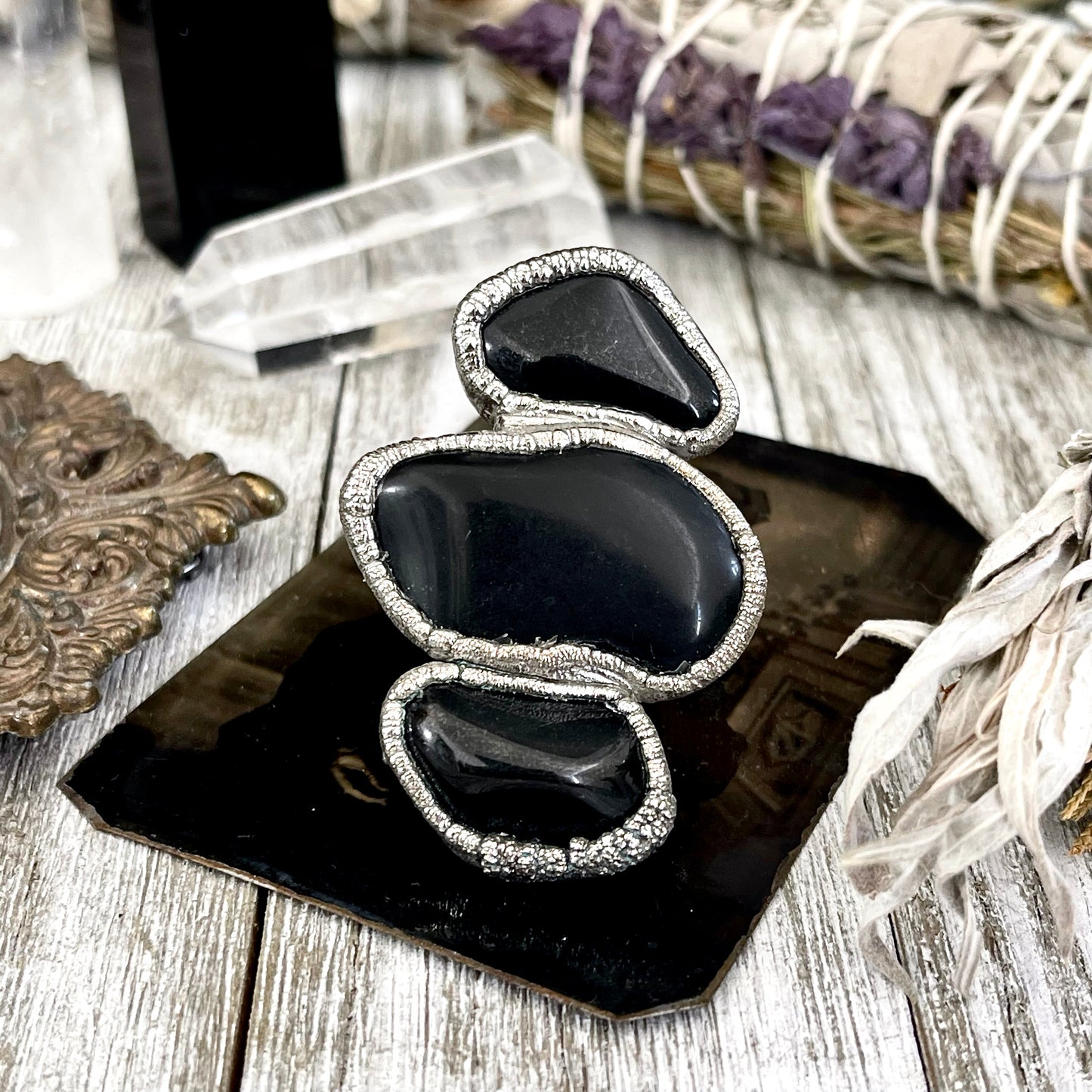 Size 8.5 Crystal Ring - Three Stone Black Onyx Ring in Silver / Foxlark Collection - One of a Kind