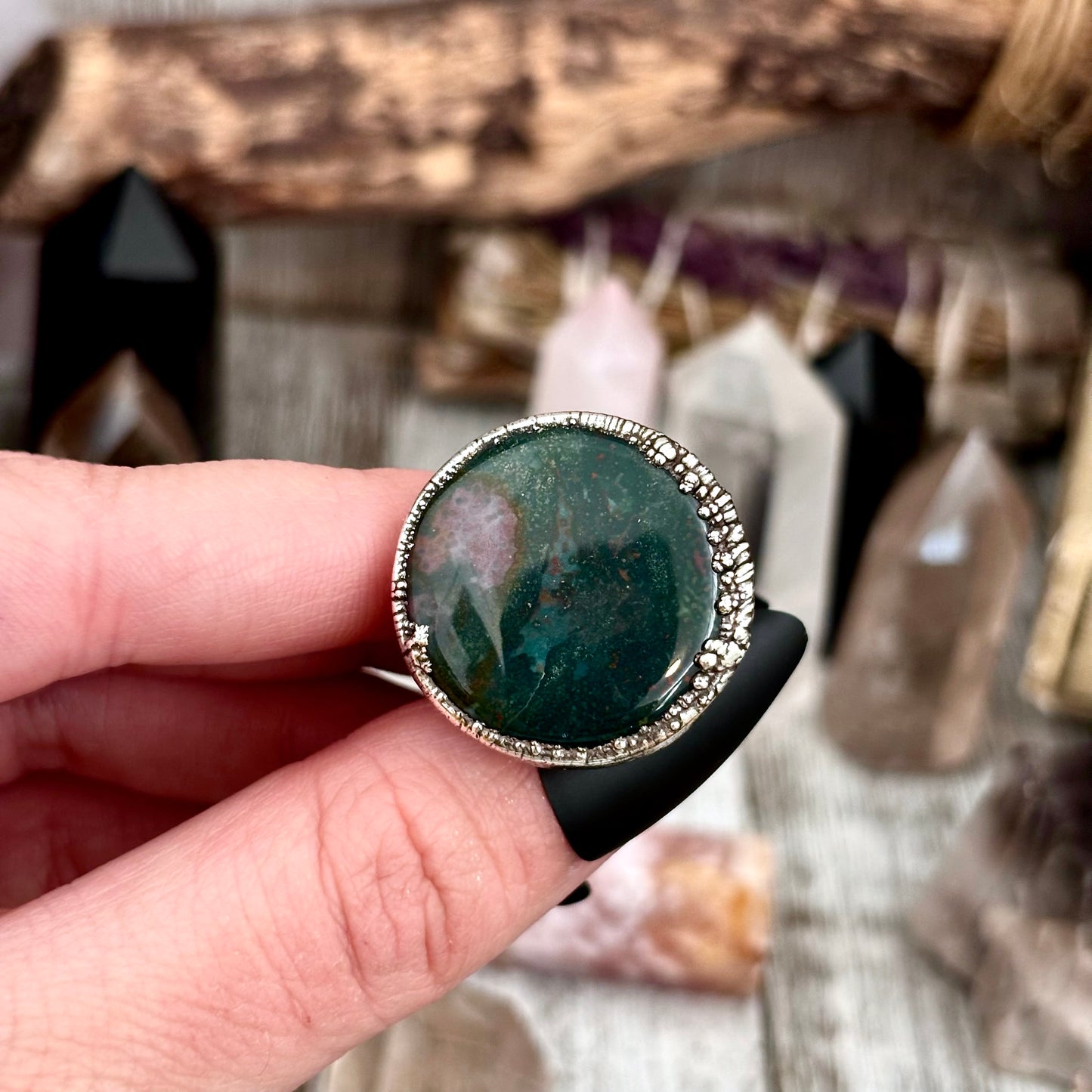 Green Bloodstone Crystal Statement Ring Silver Size 8 / Foxlark Collection