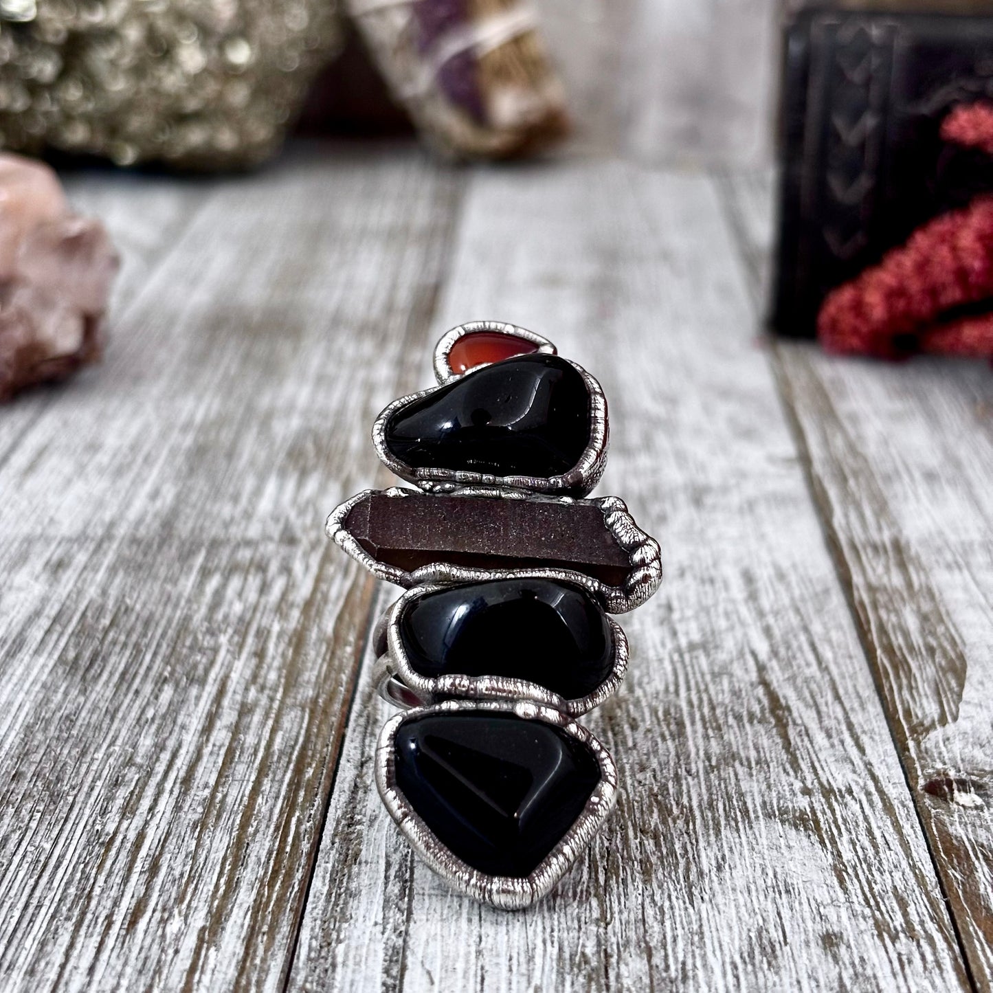Multi Stone Obsidian Smoky Quartz Carnelian Ring In Silver Size 8 / Foxlark Collection
