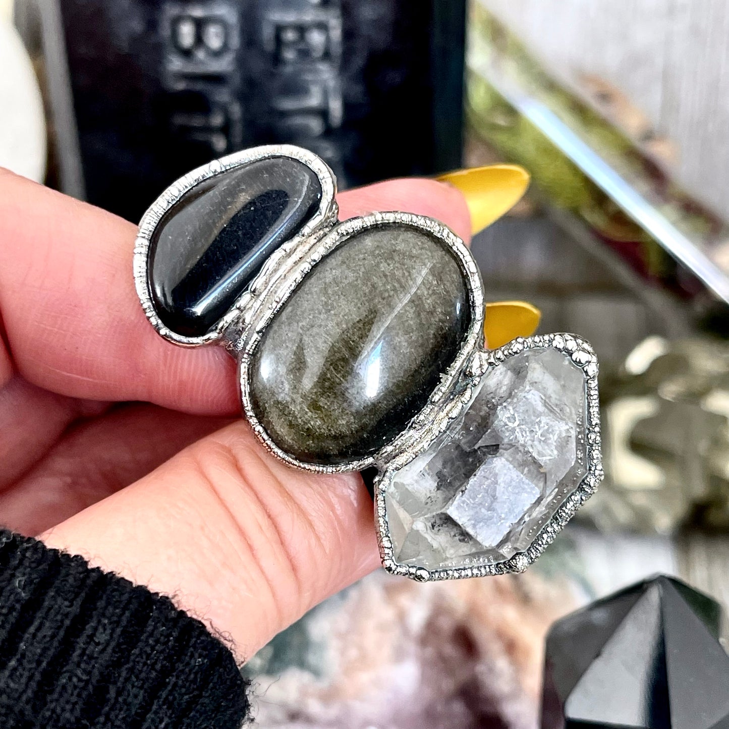 Size 9.5 Crystal Ring - Three Stone Ring Black Onyx Raw Included Quartz Golden Sheen Obsidian Ring Silver / Foxlark Collection - One of a Kind