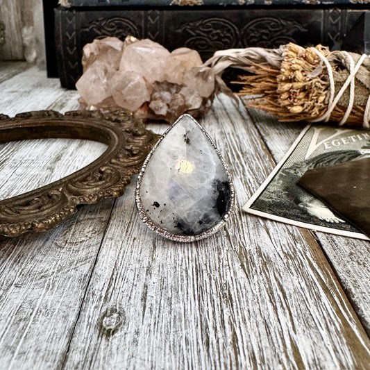 Rainbow Moonstone with Black Tourmaline Ring Silver Size 6.5 / Foxlark Collection