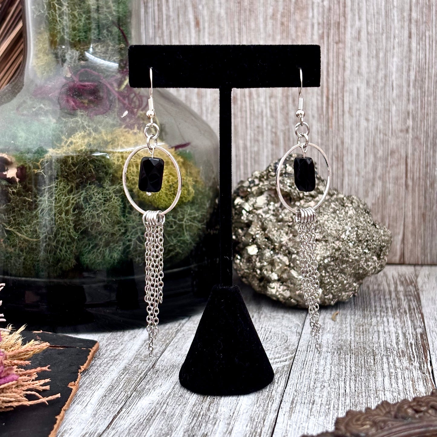 Black Onyx Hoop Fringe Earrings / Long Dangle Witchy Earrings