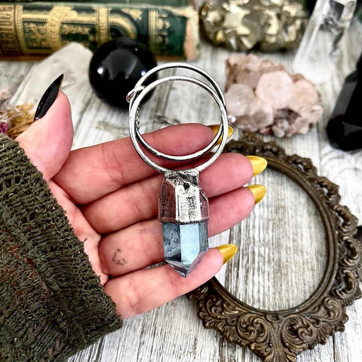 Big Raw Aqua Aura Quartz Crystal  Necklace in Fine Silver / Foxlark Collection - One of a Kind