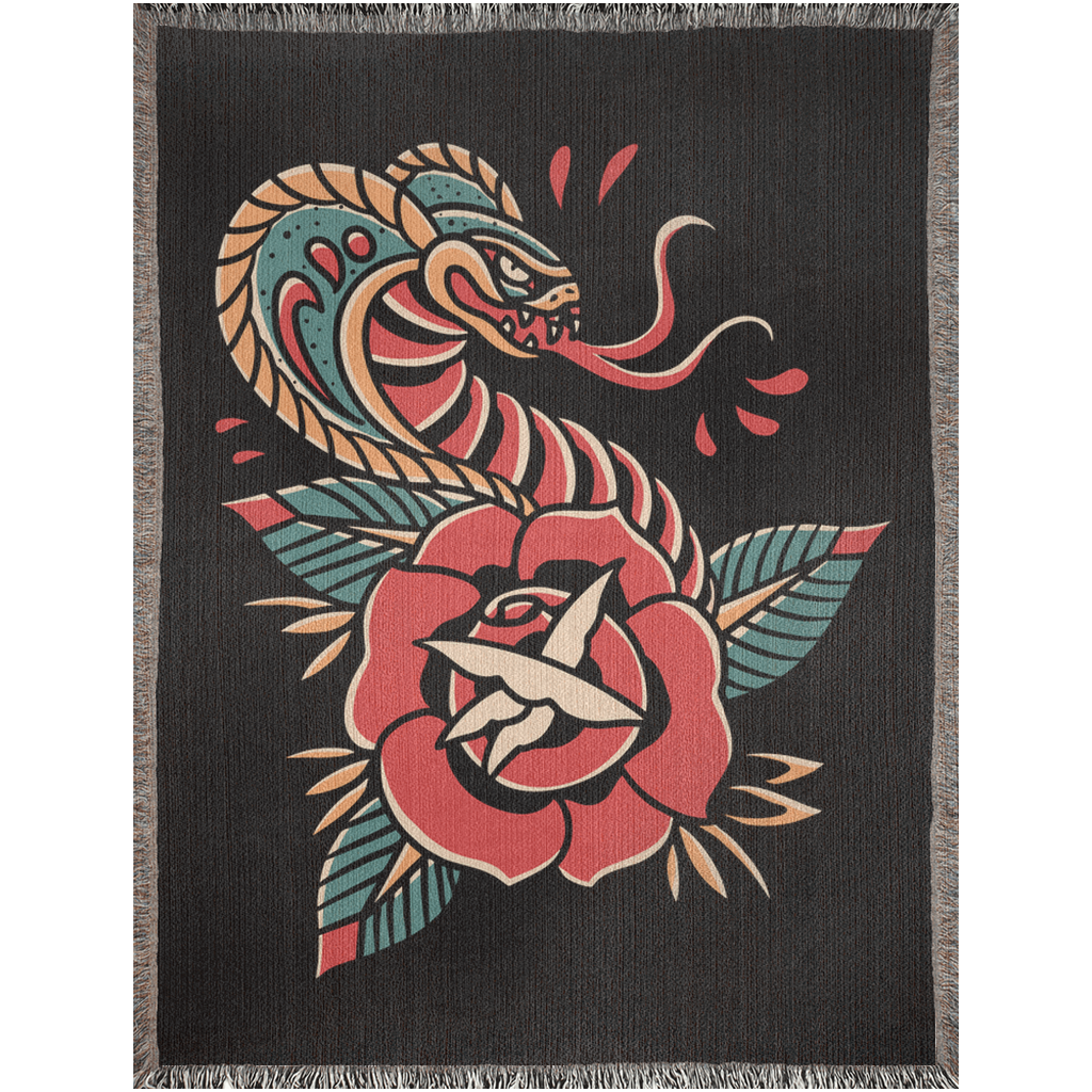 Cobra Traditional Tattoo Style Woven Fringe Blanket / / Wall tapestry or throw for sofa, maximalist decor,  tattoo home decor