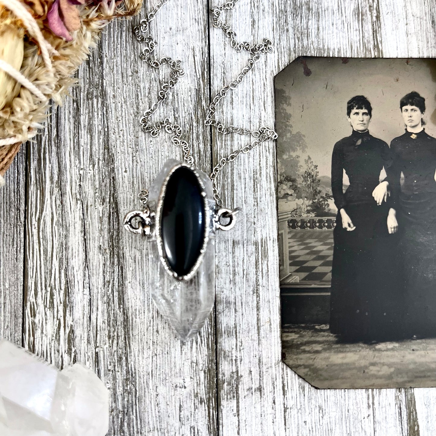 Clear Quartz & Black Onyx Crystal Statement Necklace in Fine Silver / Foxlark Collection - One of a Kind