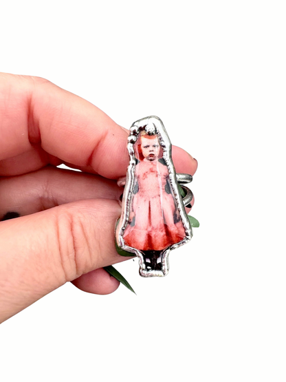 lady in pink doll statement ring in fine silver