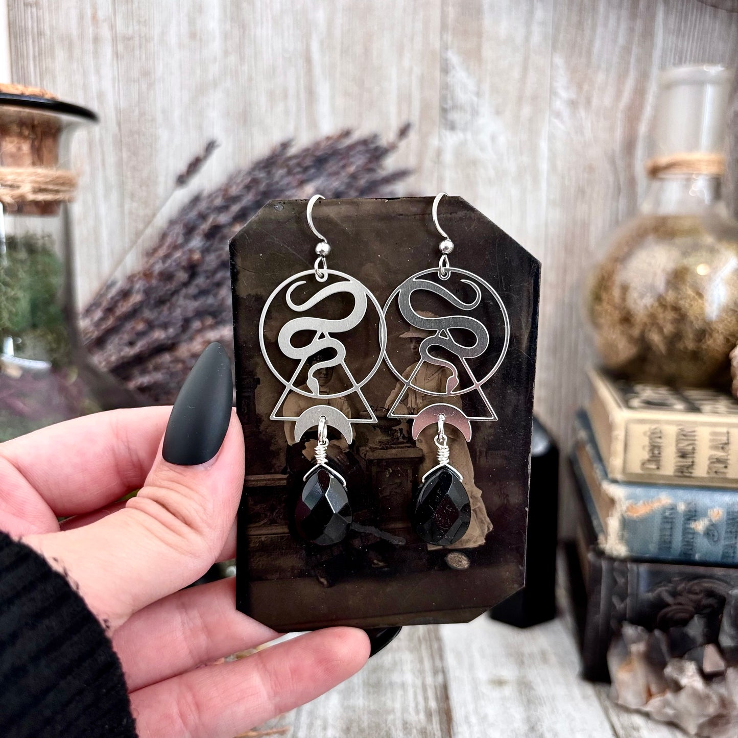Geometric Snake Black Onyx Earrings Stainless Steel Earrings  / Long Dangly Geometric Earrings