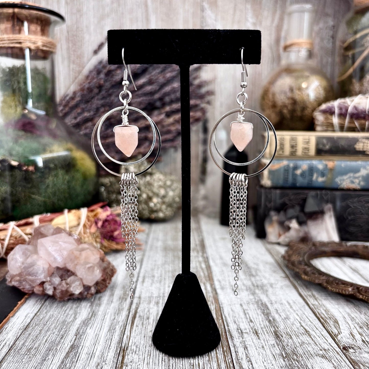 Peach Moonstone Earrings Stainless Steel Hoop and Fringe / Long Dangle Punk Earrings