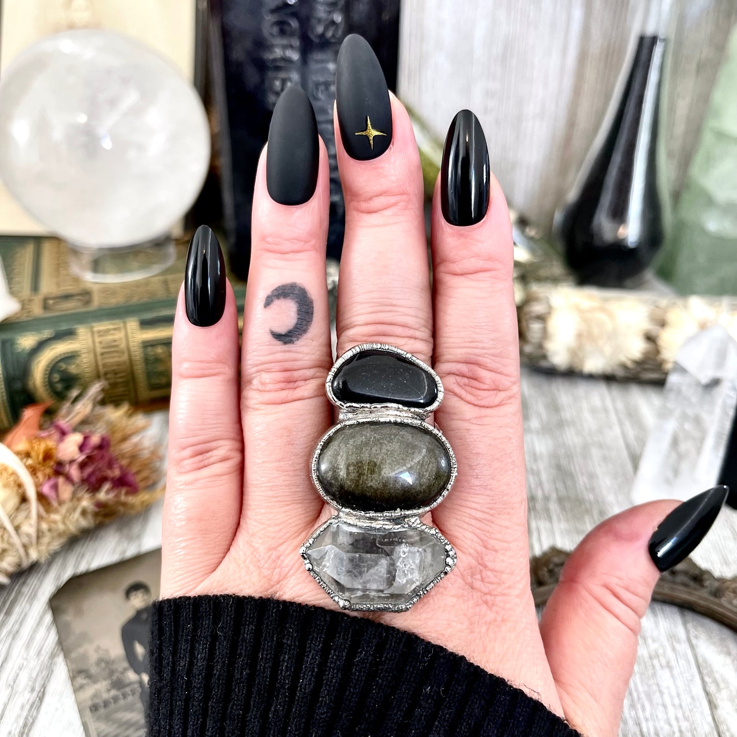 Size 9.5 Crystal Ring - Three Stone Ring Black Onyx Raw Included Quartz Golden Sheen Obsidian Ring Silver / Foxlark Collection - One of a Kind