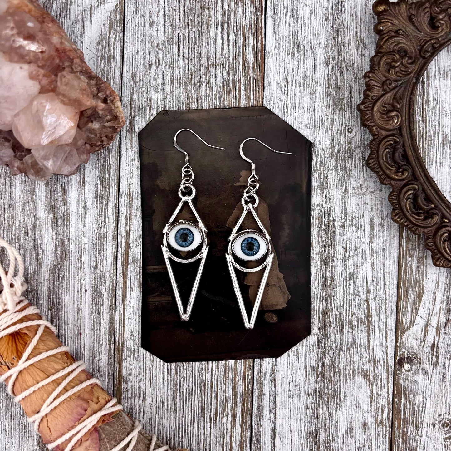 Blue Iris Eyeball Fine Silver Earrings / Long Dangle Witchy Earrings