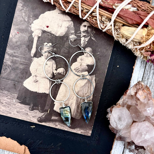 Labradorite Stainless Steel Hoop Earrings   / Long Dangle Bohemian Earrings