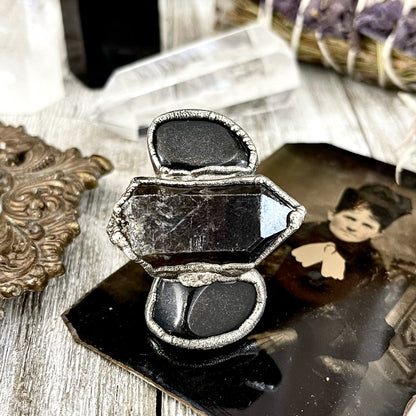 Size 7 Big Crystal Ring - Three Stone Black Onyx Smokey Quartz Silver Ring / Foxlark Collection - One of a Kind Jewelry