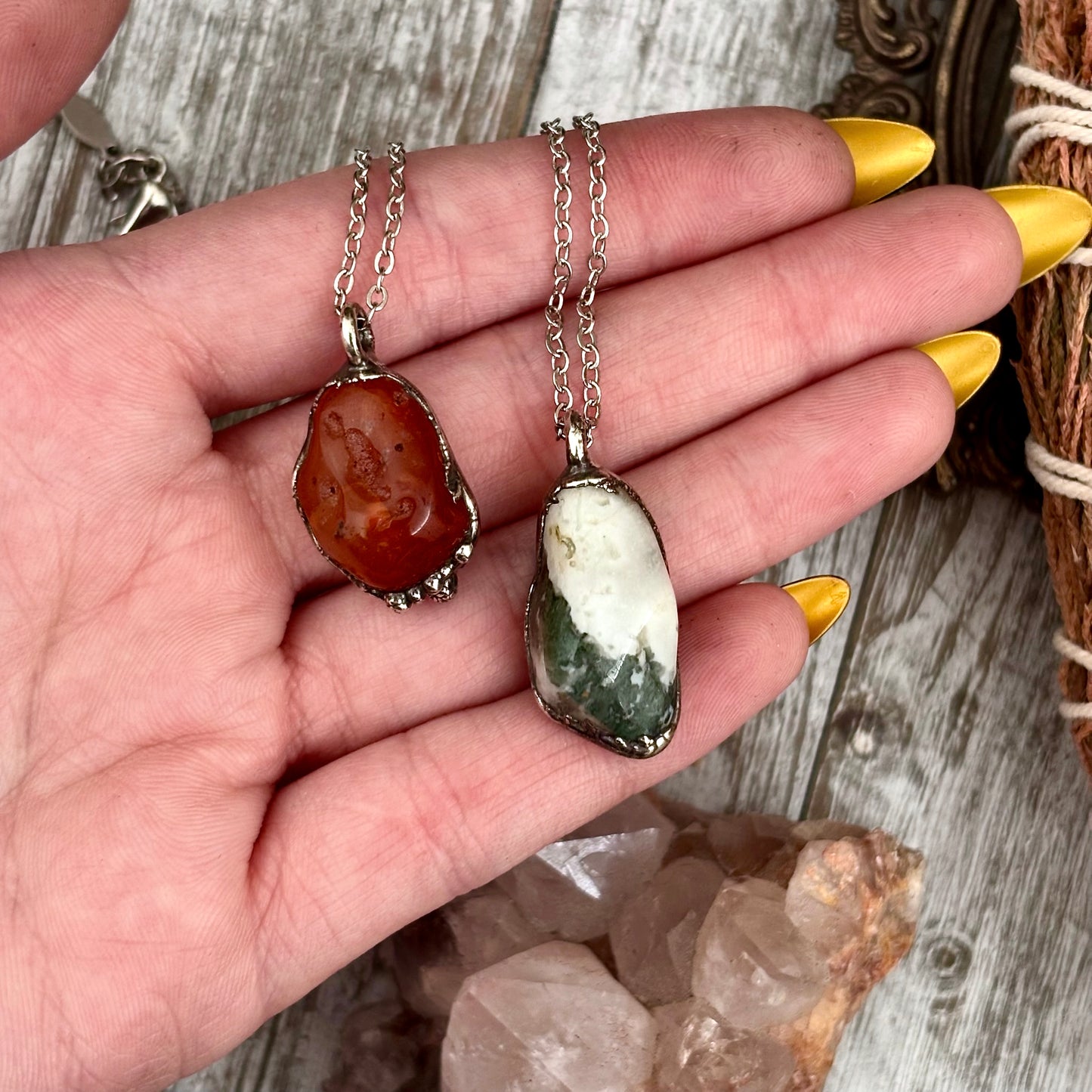 Dainty Pebble Necklace in Moss Agate or Carnelian in Silver/ Foxlark Collection