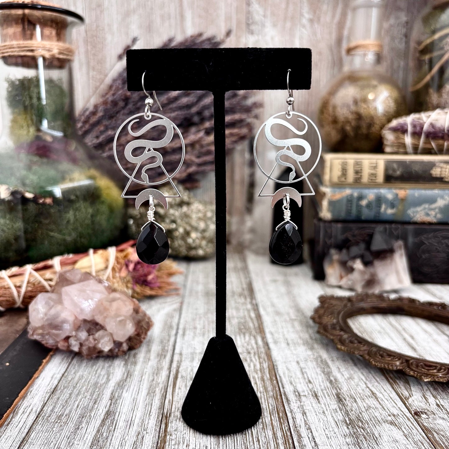 Geometric Snake Black Onyx Earrings Stainless Steel Earrings  / Long Dangly Geometric Earrings