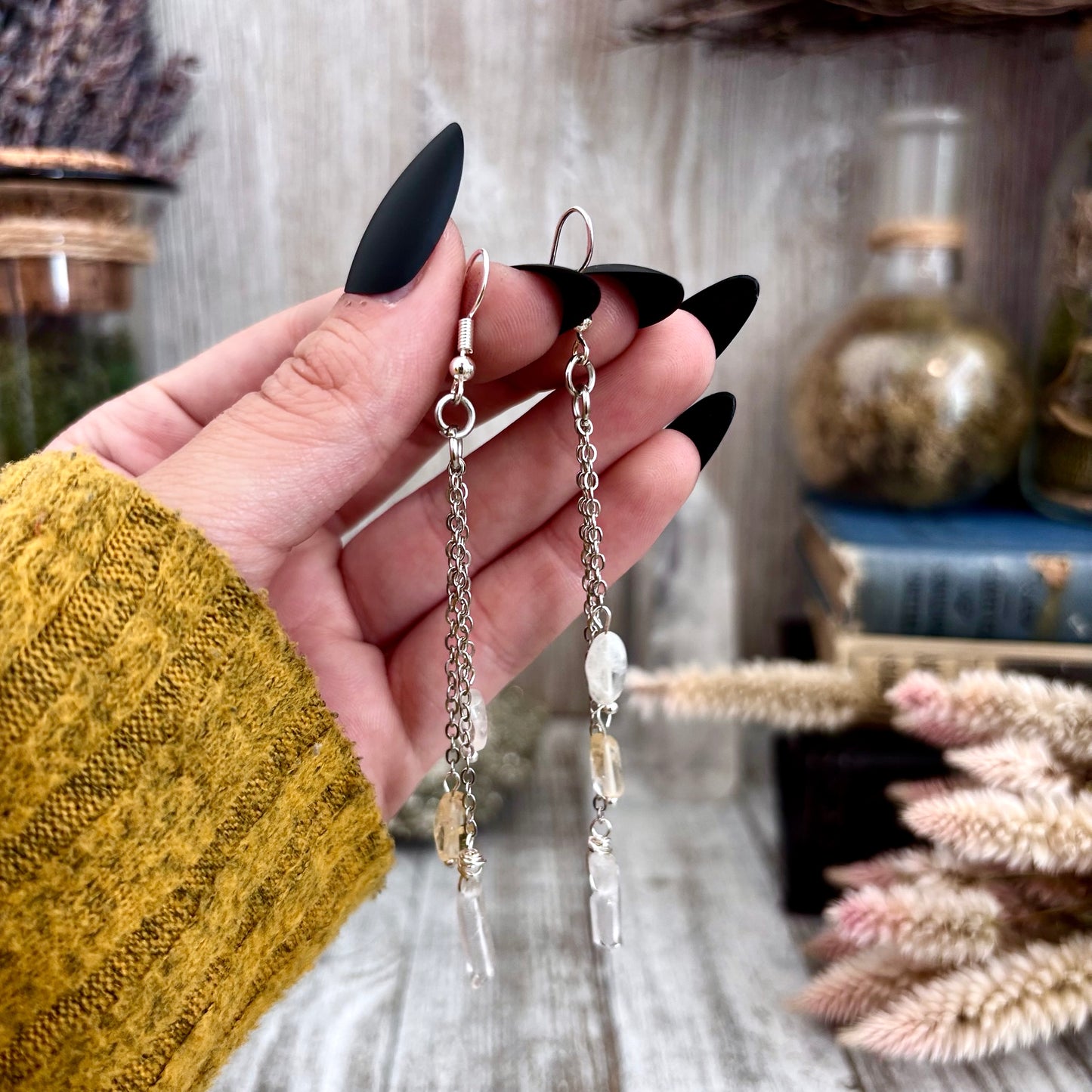 Clear Quartz Citrine Beaded Fringe Earrings / Long Dangle Witchy Earrings