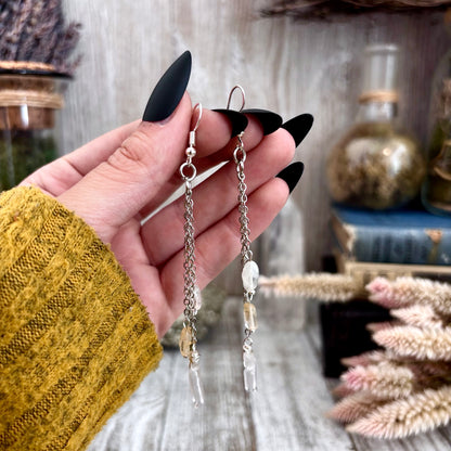 Clear Quartz Citrine Beaded Fringe Earrings / Long Dangle Witchy Earrings