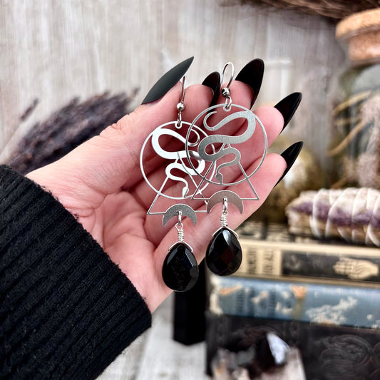 Geometric Snake Black Onyx Earrings Stainless Steel Earrings  / Long Dangly Geometric Earrings