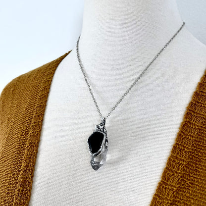 Clear Quartz & Black Onyx Crystal Statement Necklace in Fine Silver / Foxlark Collection - One of a Kind