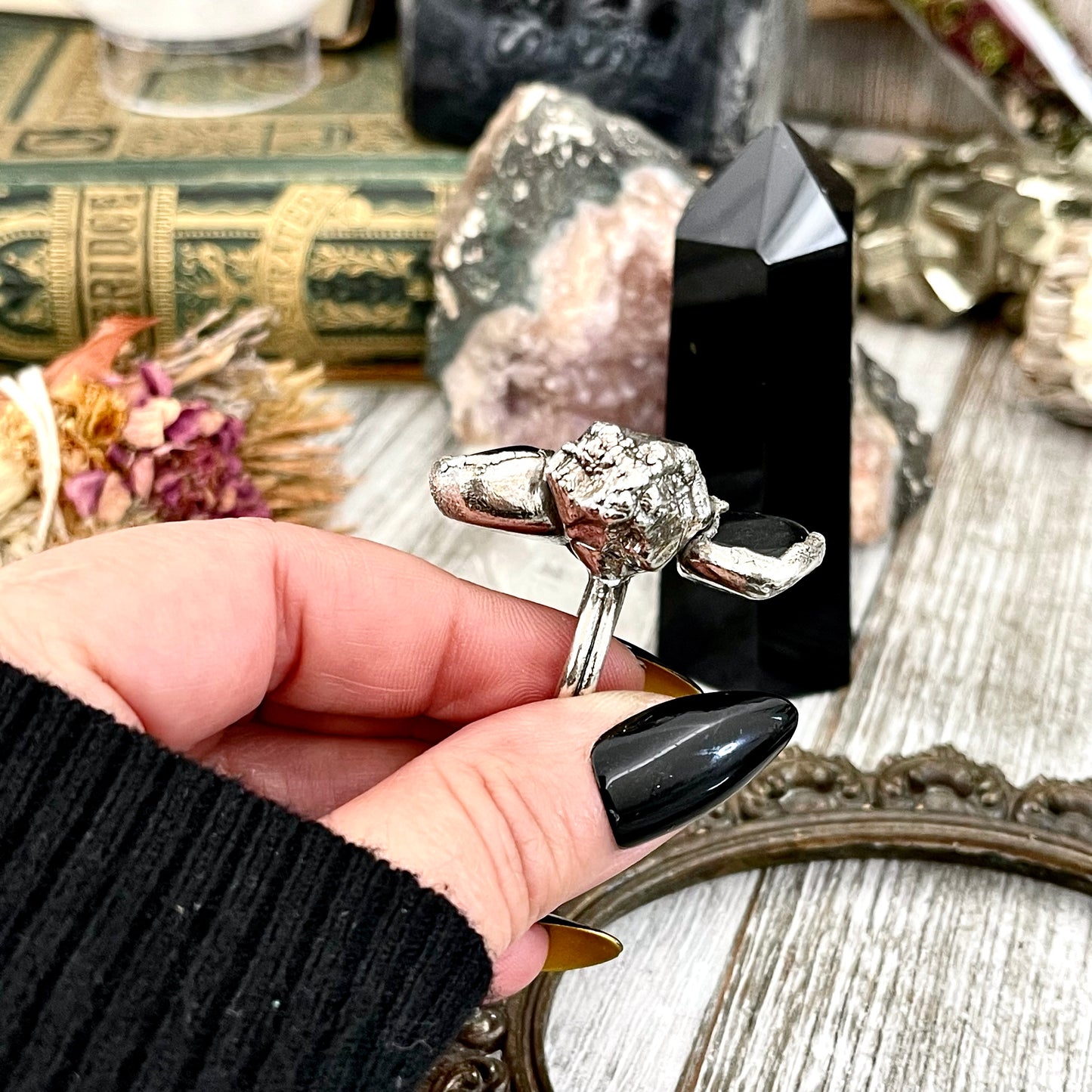 Size 7 Big Crystal Ring - Three Stone Black Onyx Smokey Quartz Silver Ring / Foxlark Collection - One of a Kind Jewelry