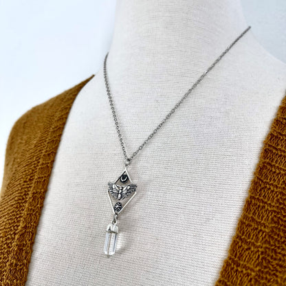 Tiny Talisman Collection - Sterling Silver Geometric Moth Necklace with Clear Quartz