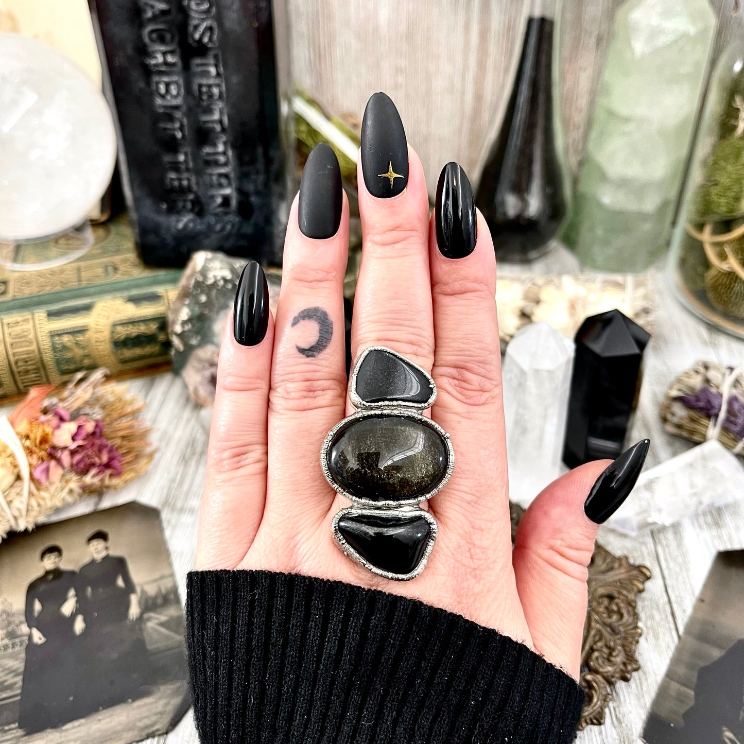 Size 10 Crystal Ring - Three Stone Ring Black Onyx & Silver Sheen Obsidian Silver Ring / Foxlark Collection - One of a Kind