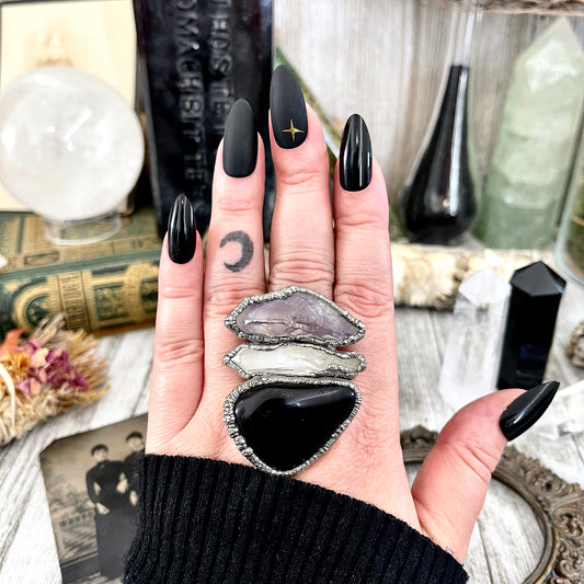 Size 9 Crystal Ring - Three Stone Black Onyx Clear Quartz Amethyst Ring in Silver / Foxlark Collection - One of a Kind