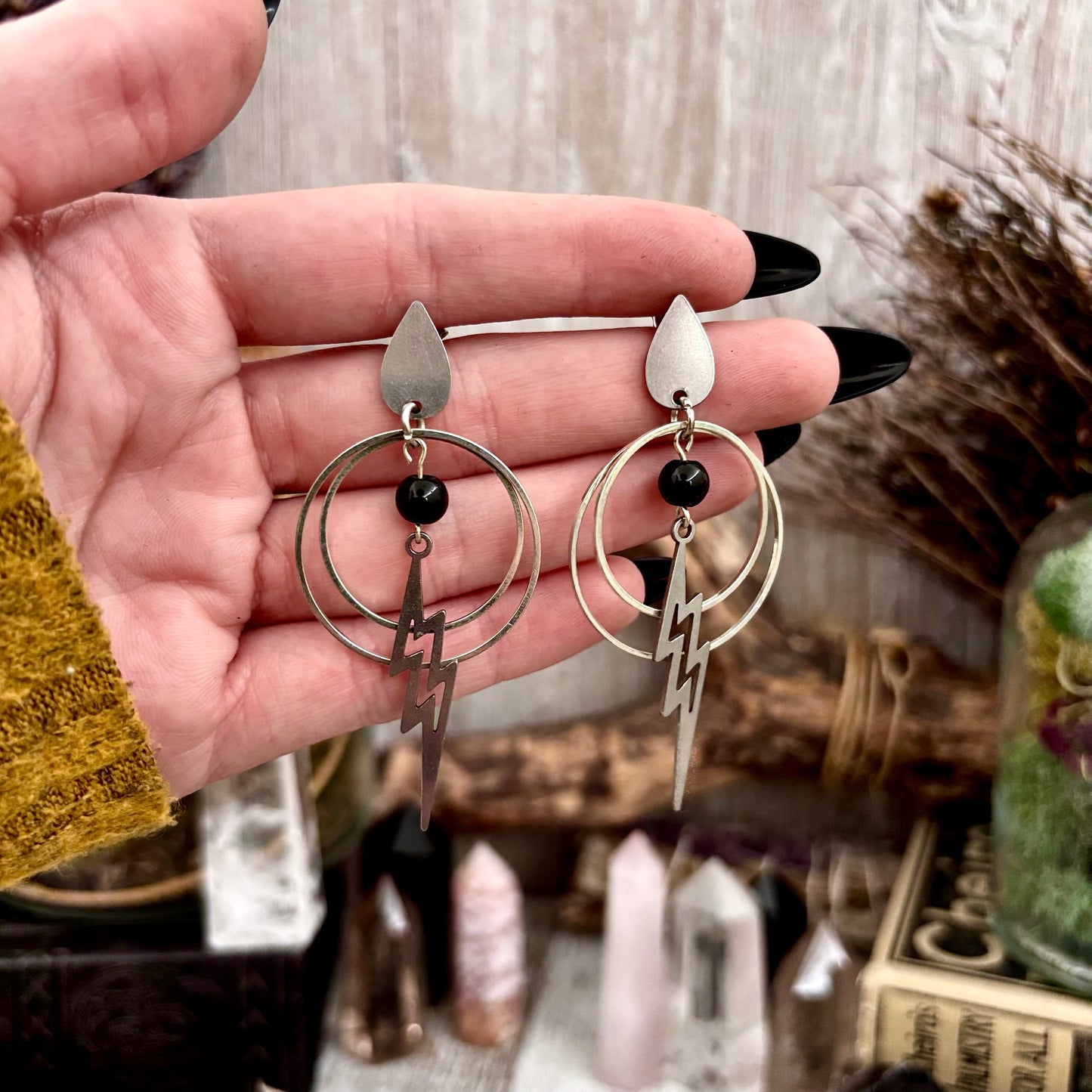 Teardrop Post Lightning Bolt, Black Onyx Bead and Hoop Stainless Steel Earrings / Snake Earrings  - Long Dangly Geometric Earrings