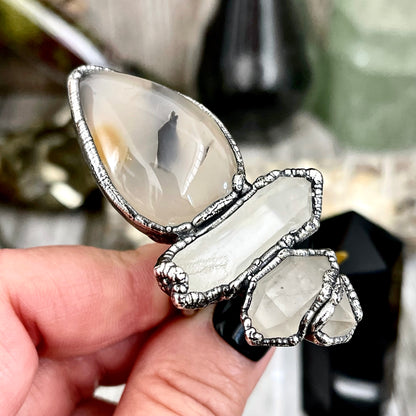 Size 6.5 Crystal Ring - Three Stone Ring Dendritic Agate Clear Quartz Silver Ring / Foxlark Collection - One of a Kind Jewelry