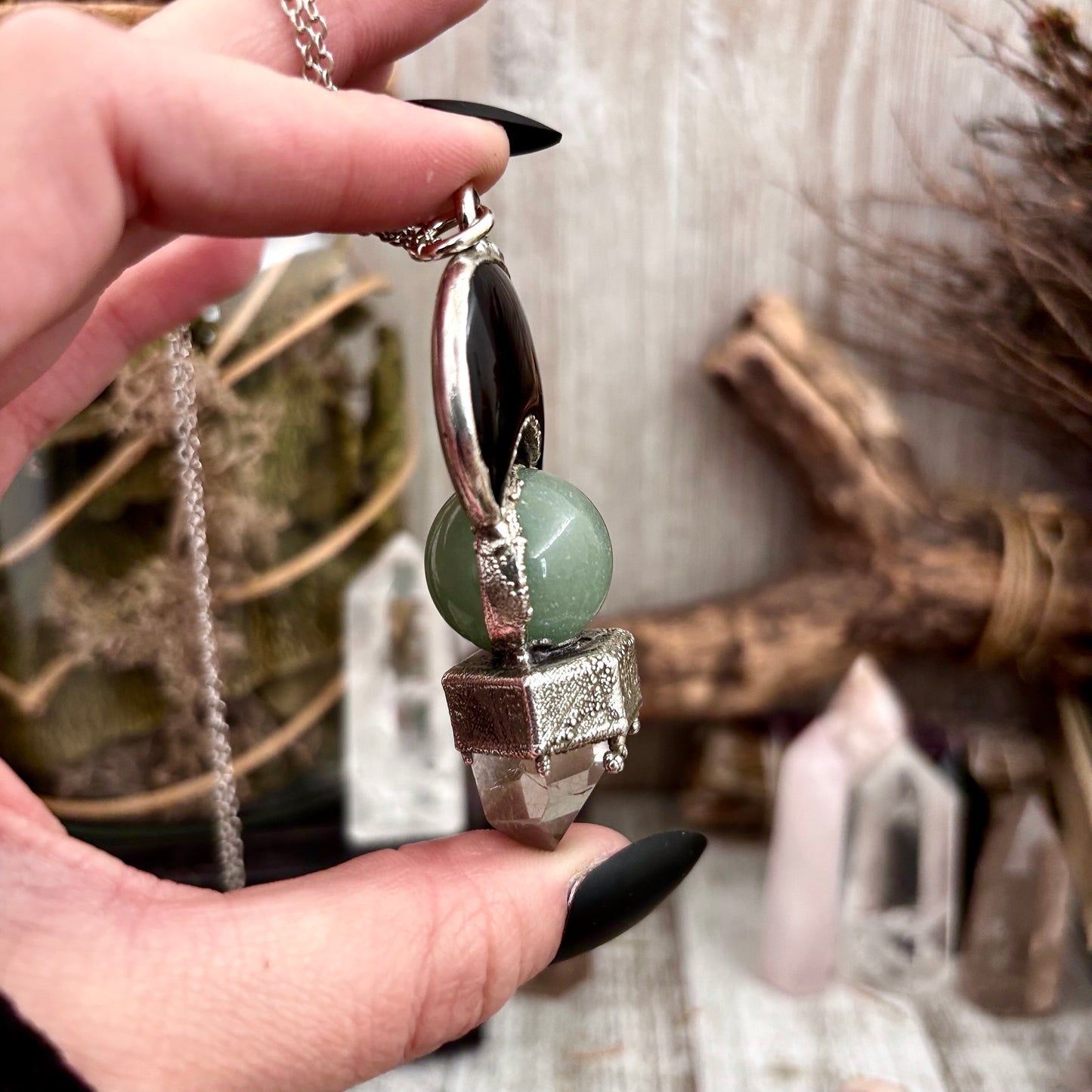 Black Onyx Moon, Green Aventurine Crystal ball, Clear Quartz Necklace in Fine Silver / Foxlark Collection - One of a Kind