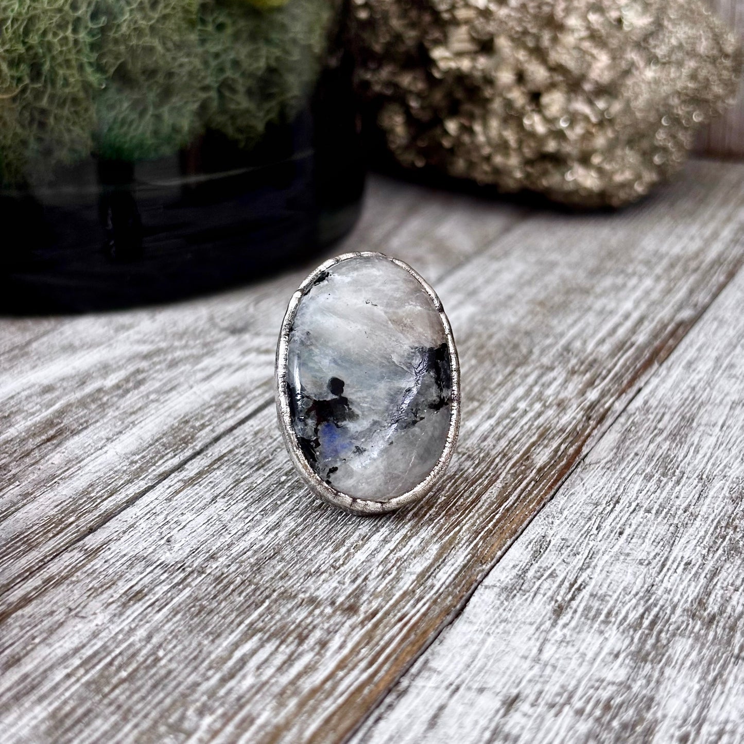 Rainbow Moonstone with Black Tourmaline Ring Silver Size 6 / Foxlark Collection