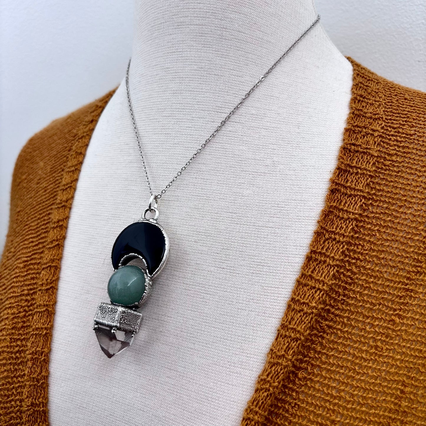 Black Onyx Moon, Green Aventurine Crystal ball, Clear Quartz Necklace in Fine Silver / Foxlark Collection - One of a Kind