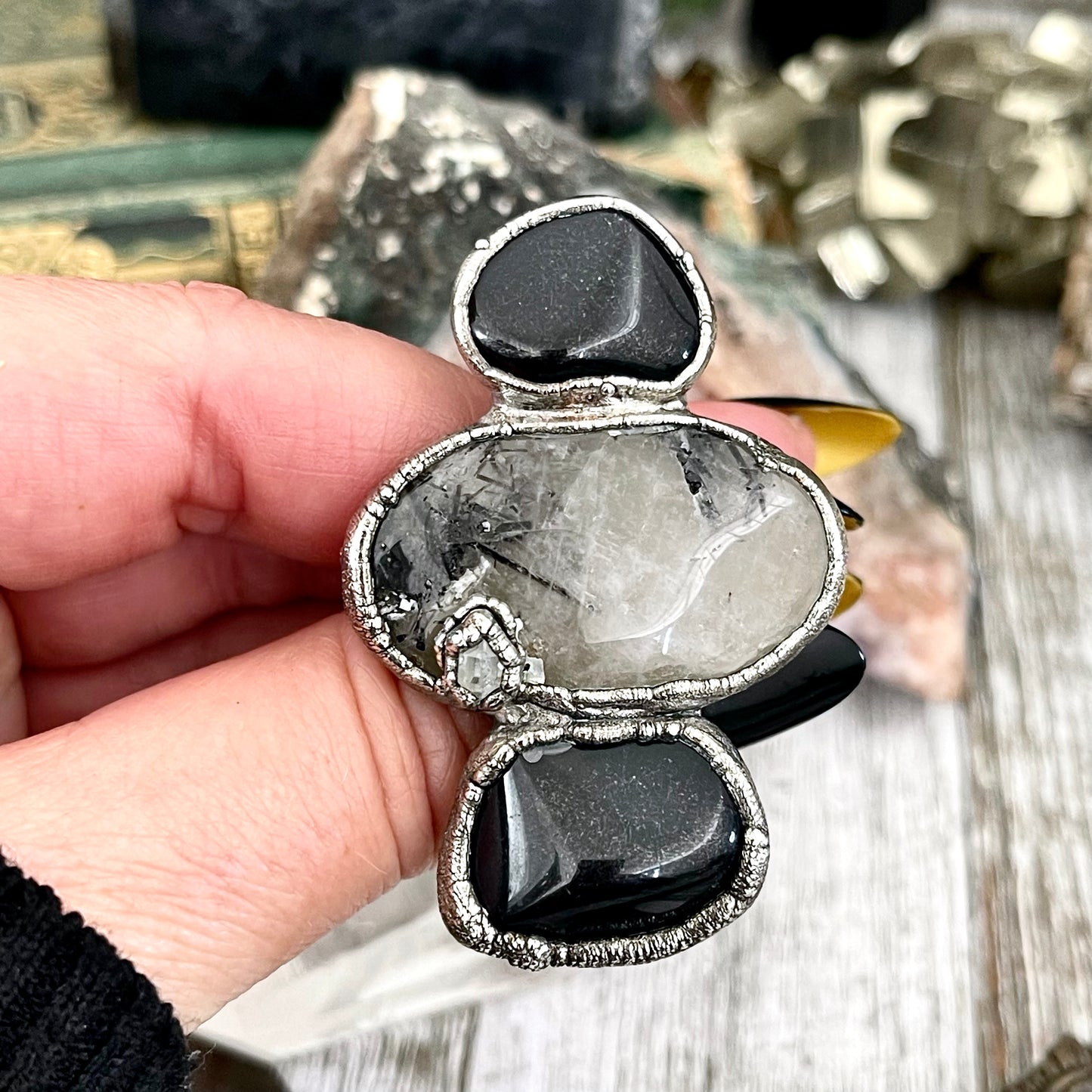 Size 8 Crystal Ring - Three Stone Ring Black Onyx Tourmaline Quartz Herkimer Diamond Ring Silver / Foxlark Collection - One of a Kind