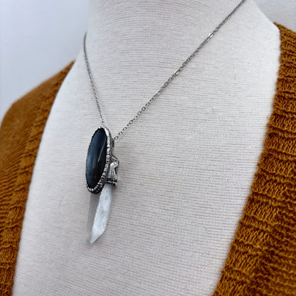 Clear Quartz & Grey Moonstone Crystal Statement Necklace in Fine Silver / Foxlark Collection - One of a Kind