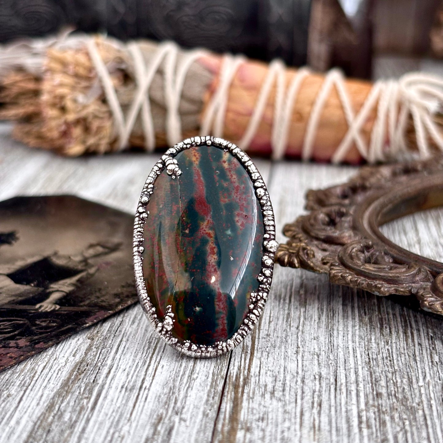 Bloodstone Crystal Statement Ring Size 9.5 Fine Silver / Foxlark Collection