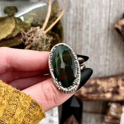 Green Bloodstone Crystal Statement Ring Size 11 Fine Silver  / Foxlark Collection