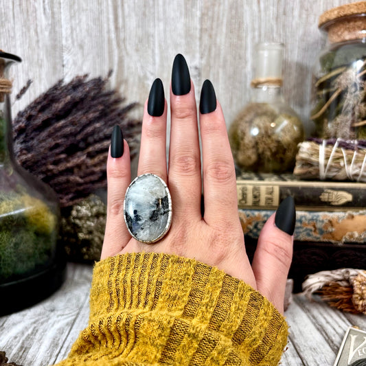 Rainbow Moonstone with Black Tourmaline Ring Silver Size 6 / Foxlark Collection