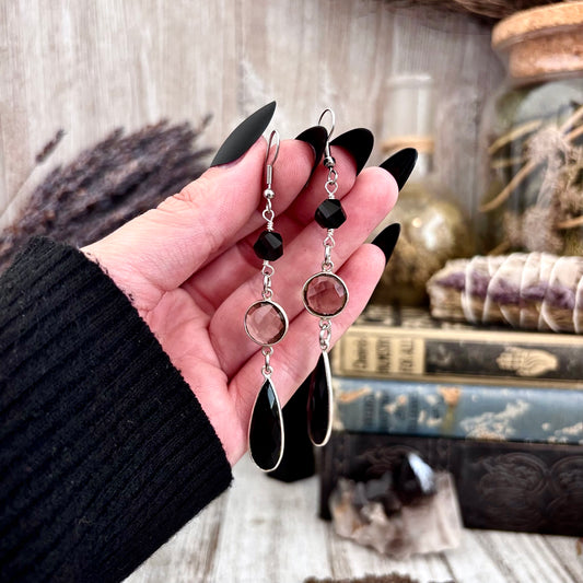 Smoky Quartz Black Onyx Sterling Silver Dangle Earrings  / Long Dangly Bohemian Earrings