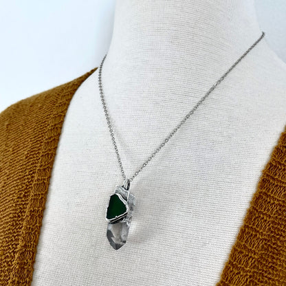 Clear Quartz & Green Sea Glass Crystal Statement Necklace in Fine Silver / Foxlark Collection - One of a Kind