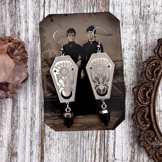 Coffin Black Onyx Point Earrings Sterling Silver & Stainless Steel Earrings /