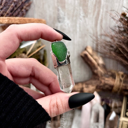 Clear Quartz & Green Sea Glass Crystal Statement Necklace in Fine Silver / Foxlark Collection - One of a Kind