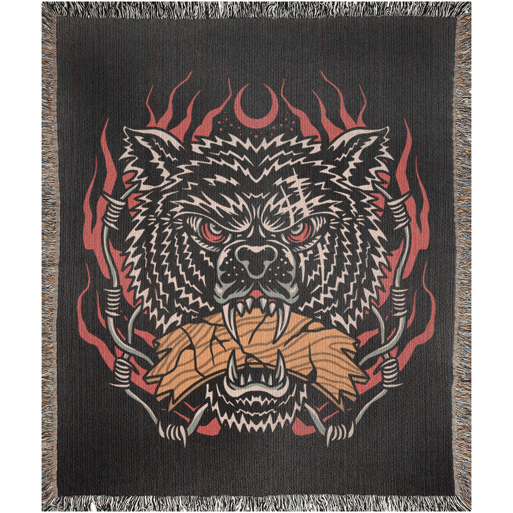 Wild Wolf Traditional Tattoo Style Woven Fringe Blanket / / Wall tapestry, throw for sofa, maximalist decor, tattoo home decor