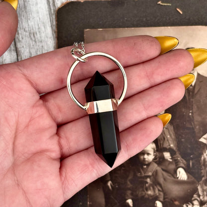 Black Onyx Crystal Point Necklace in Sterling Silver  -Designed by FOXLARK Collection / Witchy Necklace Goth Jewelry