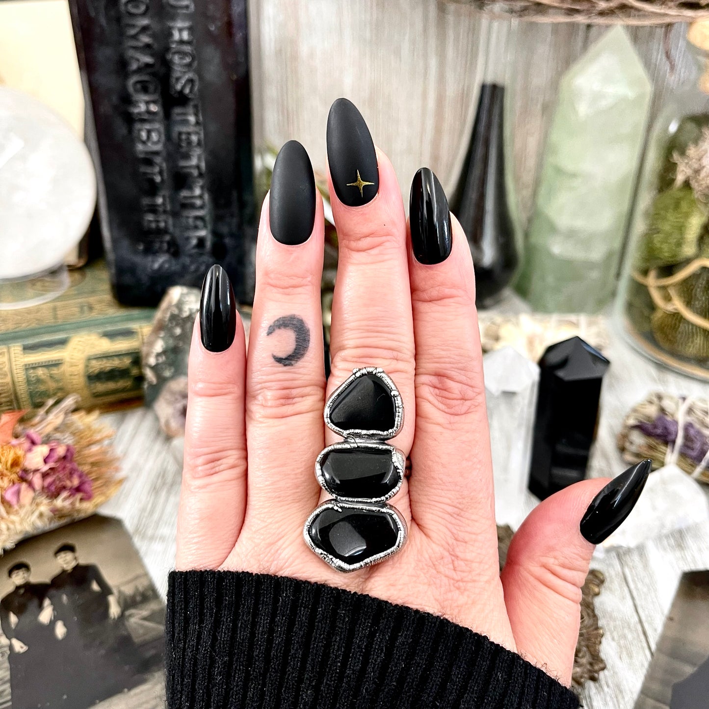 Size 8 Crystal Ring - Three Stone Black Onyx Ring in Silver / Foxlark Collection - One of a Kind