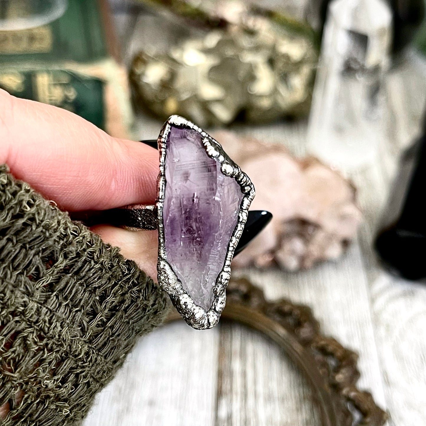 Size 8 Raw Purple Amethyst Crystal Ring Set in Fine Silver  / Foxlark Collection - One of a Kind