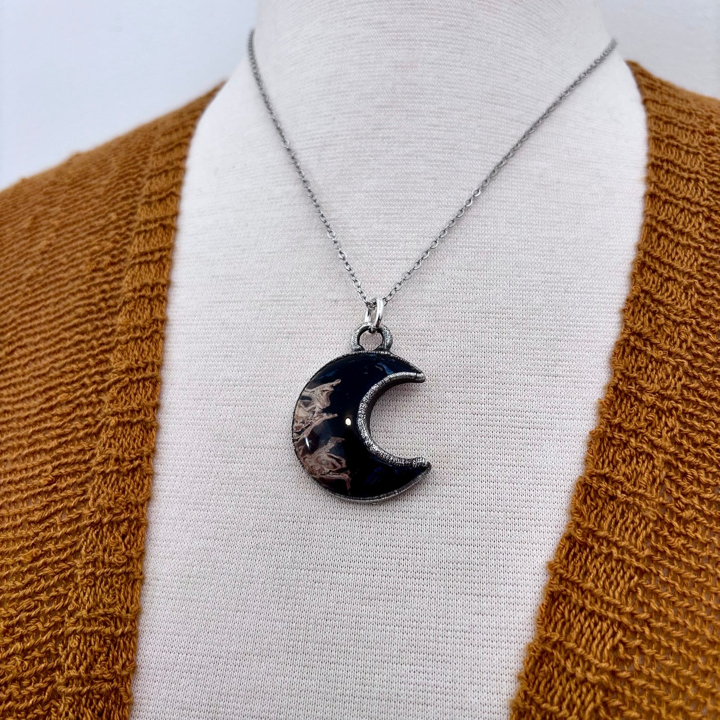 Fossilized Palm Root Crescent Moon Necklace in Fine Silver  / Foxlark Collection - One of a Kind