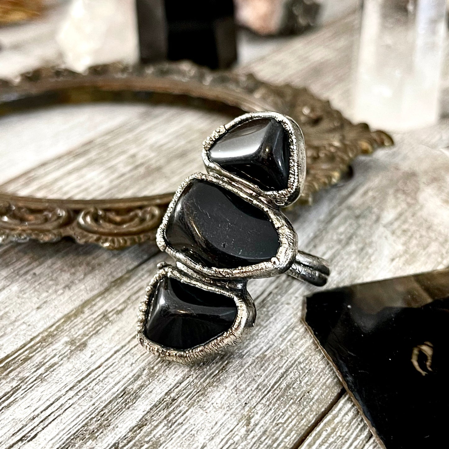 Size 10 Crystal Ring - Three Stone Black Onyx Ring in Silver / Foxlark Collection - One of a Kind