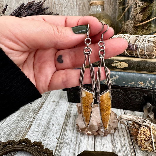 Fossilized Coral Fine Silver Crystal Earrings / Long Dangle Witchy Earrings